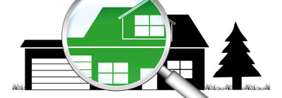 A rendering of a home viewed through a magnifying glass illustrates the concept of analyzing whether to insulate a garage door.